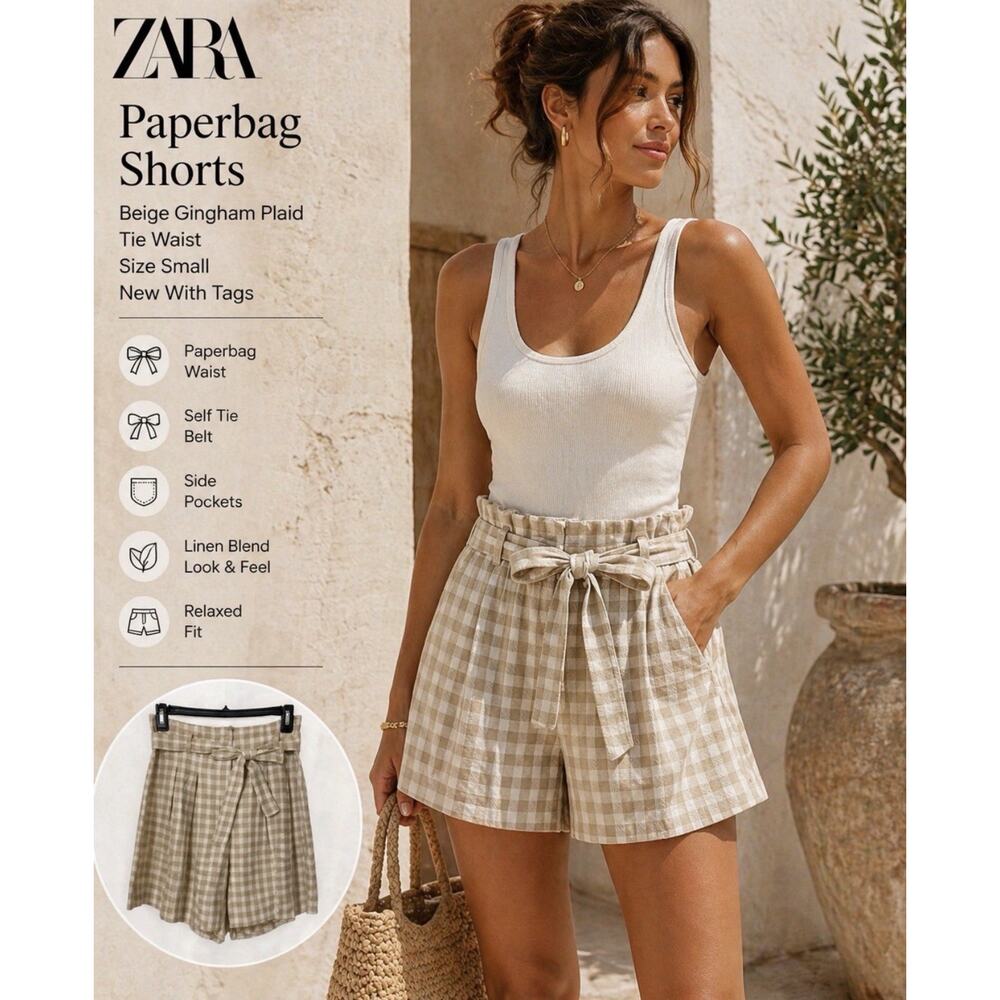 Zara NWT Beige Gingham Paperbag Waist Shorts Tie Belt Linen Blend Size Small